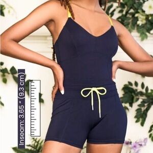 SOLD OUT Popflex Active Go time shortsie - Navy Blue Romper with Yellow Accents